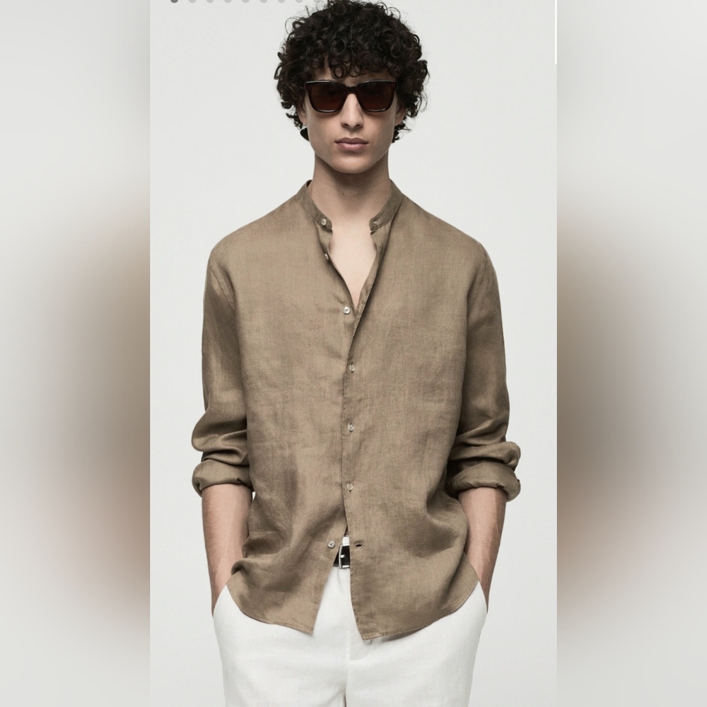 $70 Mango Mens 100% linen Mao collar shirt